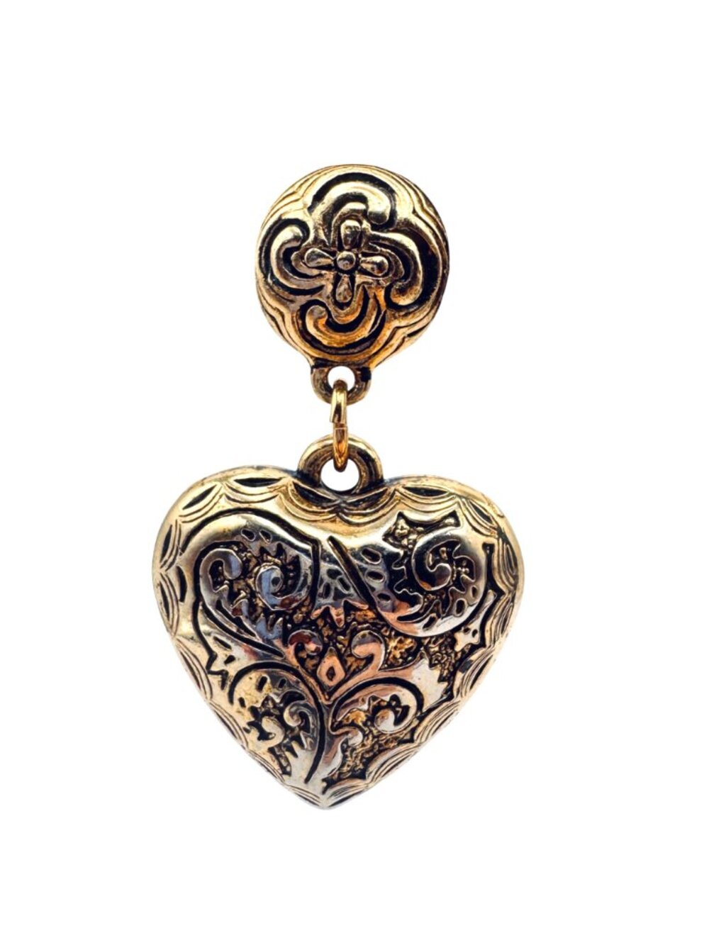 Vintage Puffy Heart Dangle Earrings Gold Tone Floral Embossed Western Cottage - Picture 2 of 5